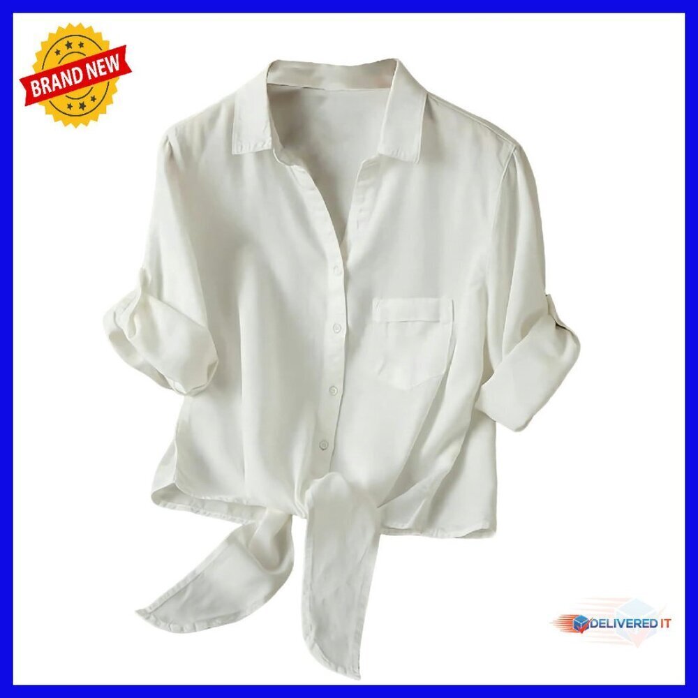 Lyocell Button-Down Shirt with Front Tie and Roll-Up Sleeves